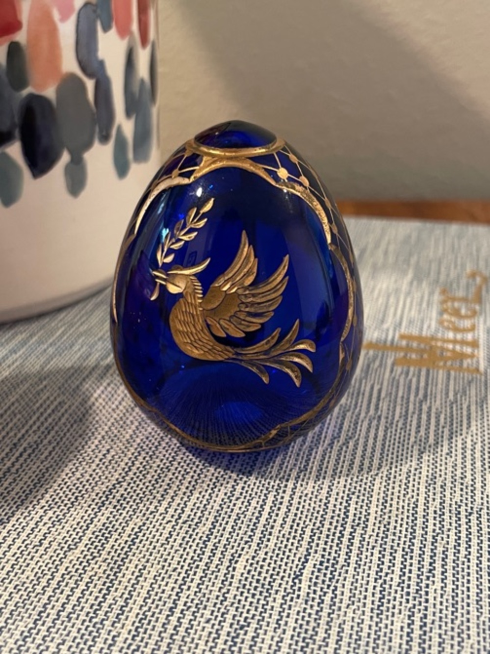 Vintage Russian Fabergé-Style Cobalt Blue Glass Egg – Gold Gilt Art Ornament